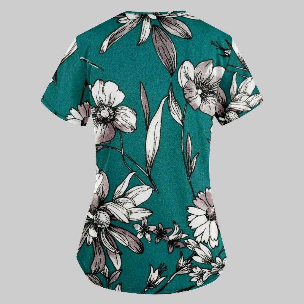Modische bedruckte Damen-Arbeitsuniform mit Taschen-T-Shirt, kurzärmeliges Oberteil