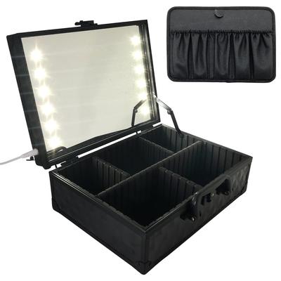Caixa de Maquiagem AKUSTOK com LED Grande Profissional Suporte de Pincéis USB com Espelho com Chave, Iluminação, Portátil, Capacidade, Conexão, (Preto)