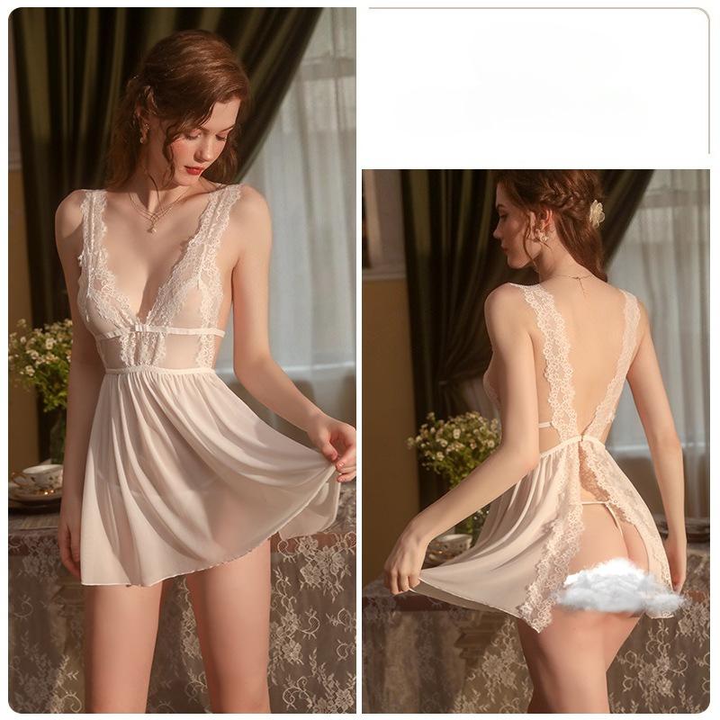 Damen Sexy Spitze Durchsichtiges Nachthemd Netz-Rückenfrei Cami Nachthemd mit Tanga