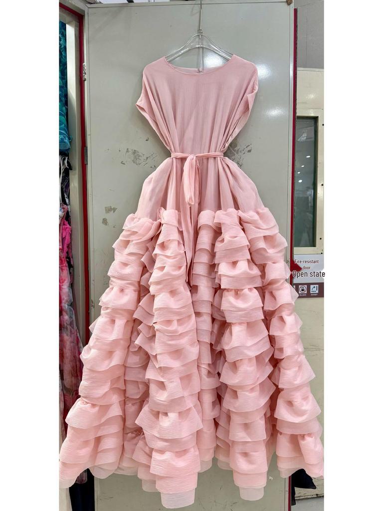 Elegant French Ruffle Waist-Cinching Patchwork Pleated Cake Skirt with Lace-Up Detail