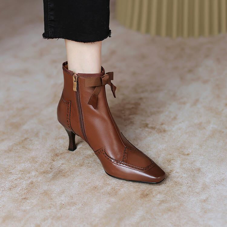 

Мода Новинка 2025 Осень Зима Буллок Женская Обувь Высокий Каблук Натуральная Кожа Ботинки для Женщин Квадратный Носок Ботинки Молния Бант Ботильоны 39