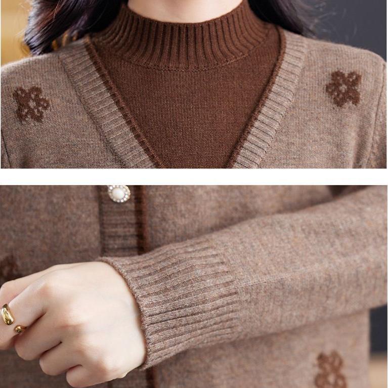 Women's Semi-turtleneck Sweater Autumn Winter Thickened Printed Color-block Knit Sweater Loose Jacquard Pullover Knit Top Outwear