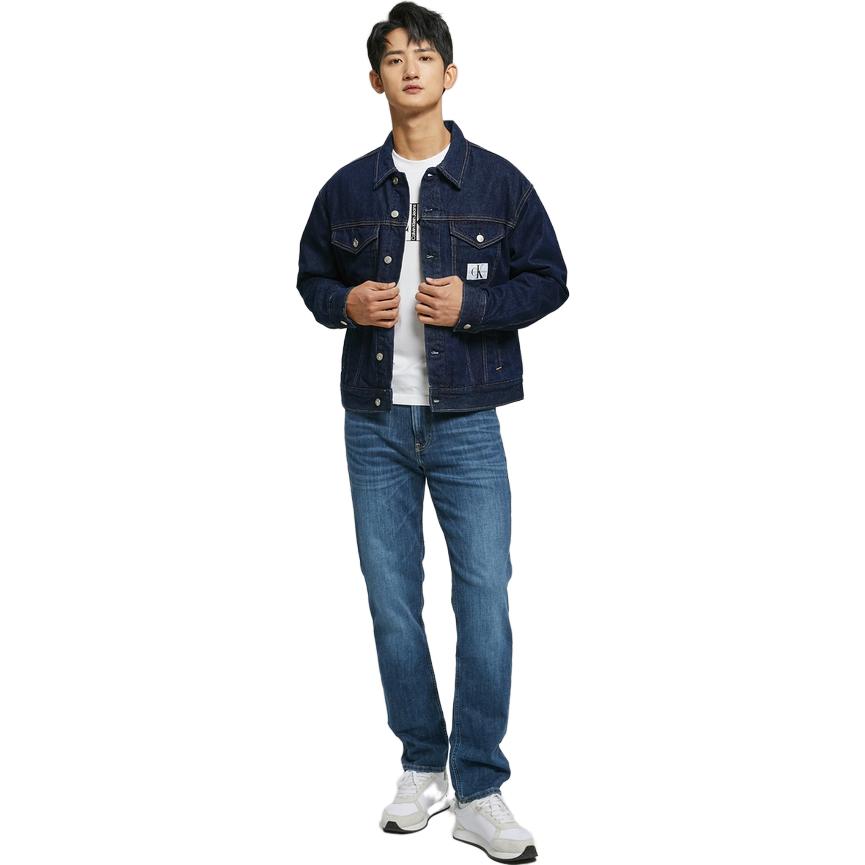Calvin Klein Ensfarget enkeltspent denimjakke for menn med firkantet krage, yttertøy, dypblå J321269-1AP