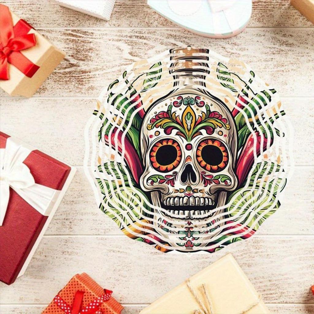 Day of the Dead Skull Metal Wind Chime Outdoor Hanging Decor with Vibrant Floral Patterns 360 Rotating Hook for Garden Patio Yard