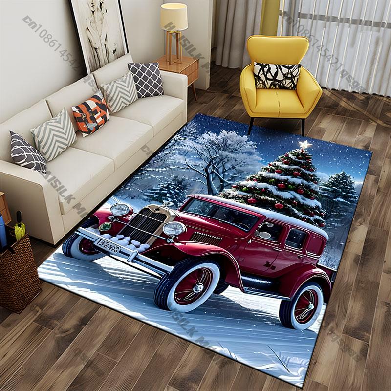 Vintage car snowy Christmas scene carpet Yoga living room room decor children's crawling mat doormat area rug games mat