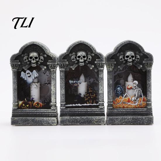 Holiday Party Supplies Tombstone Candle Lantern, LED Lighted Spooky Graveyard Table Lamp, Halloween Tabletop Decor Small Night Light for Haunted House