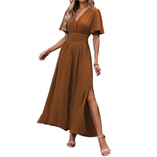 Women s Summer V Neck Maxi Dress Short Sleeve Flowy A-line M верблюд
