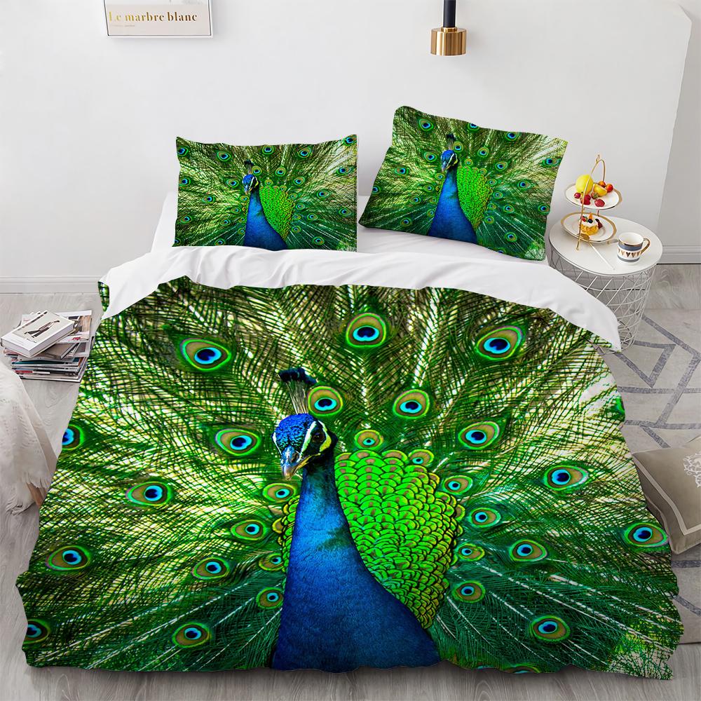Juego de Funda Nórdica de Pavo Real Microfibra Preciosa Pluma Azul Funda de Edredón Flor Rosa Suave 2/3 Piezas Aves Tema Animal Funda de Edredón