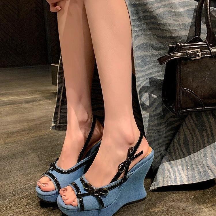Fashion Bow Women Super High Heels Shoes Woman Cowboy Peep Toe Wedges Heeled Sandals 2025 Fashion Slingback Summer Dress Sandalias Mujer