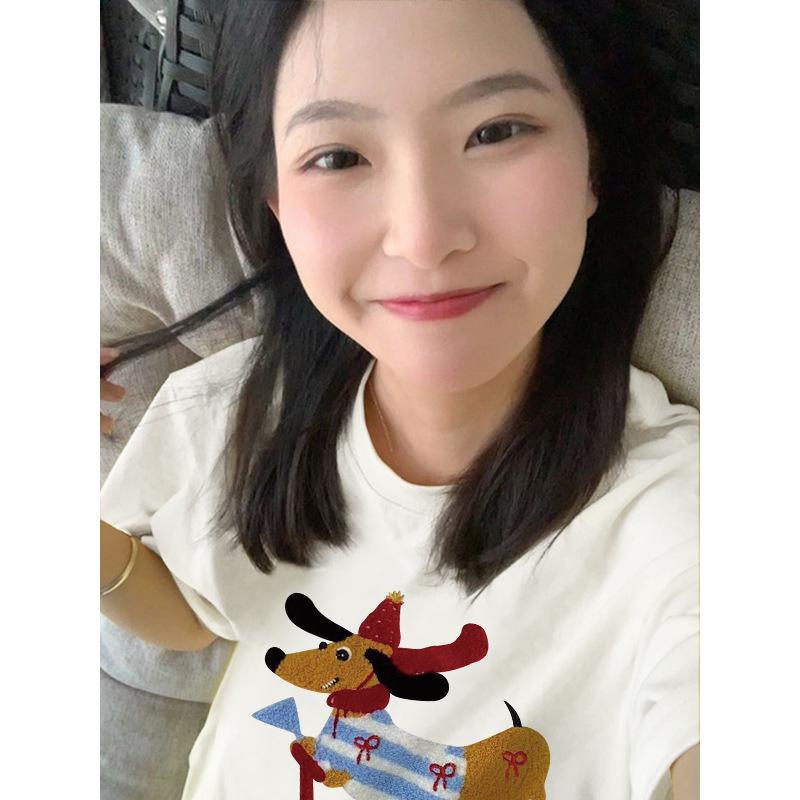 Ladies Summer Short Sleeve Round Collar Cartoon Dog Printed Loose Pullover Casual T Shirt Top