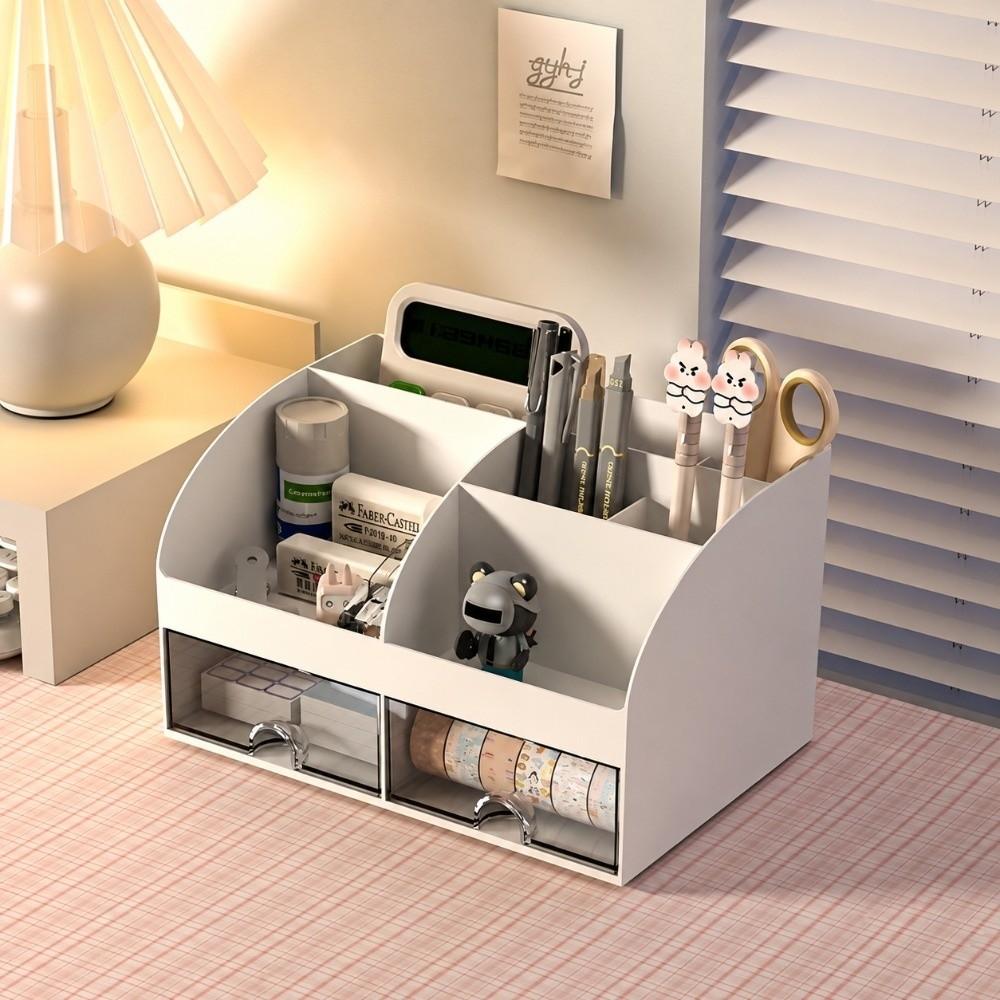 Large Capacity Desk Organizer 2 Drawers Desktop Storage Practical Pen Holder School