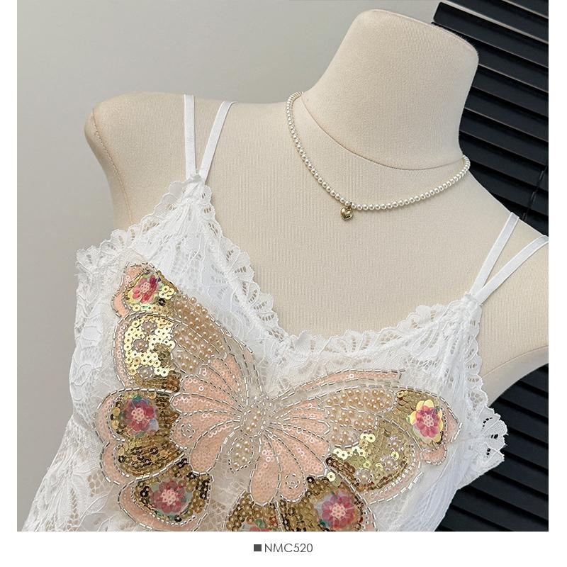 Summer Women Sweet Sequined Butterfly Embroidery Lace Spaghetti Strap Sleeveless Vest Tops for Girls