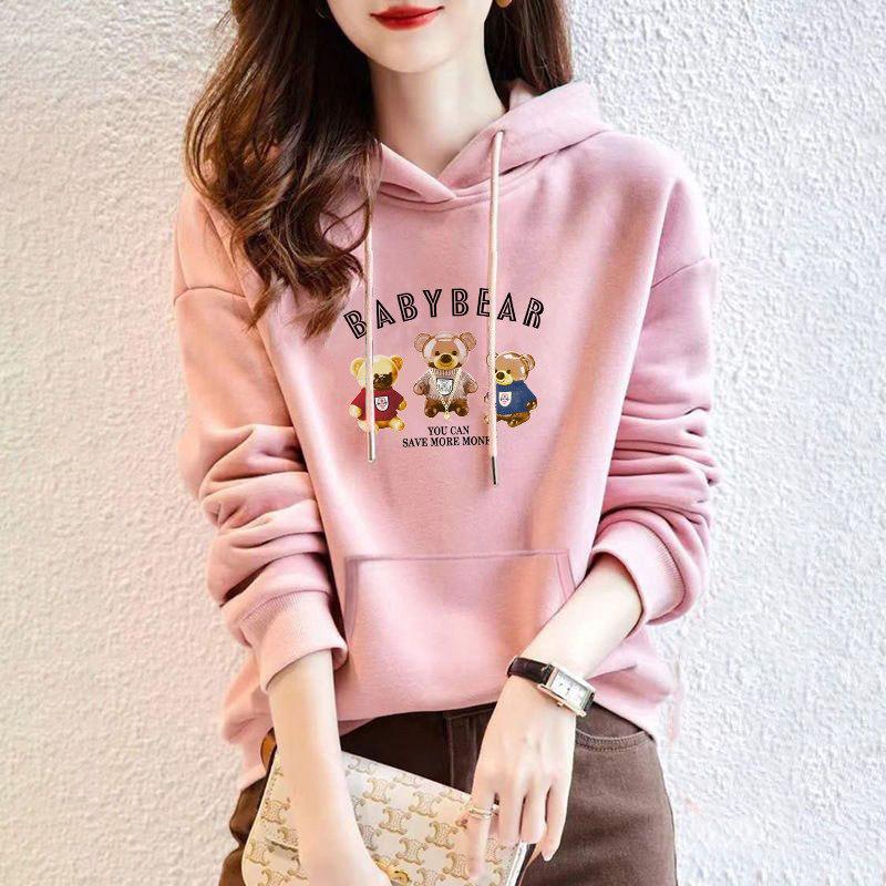 Women's Pure Cotton Bear Print Hooded Pullover Sweatshirt, Long Sleeve, Niche Design, New Spring & Autumn Style