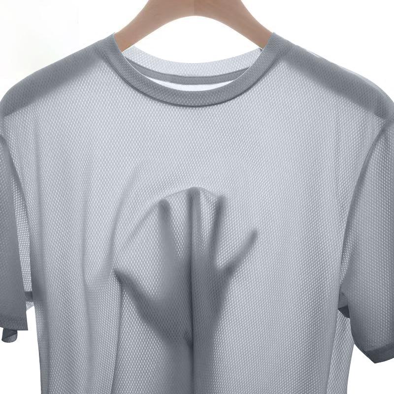 Men’s Ice Silk Mesh Fitness T-Shirt - Loose Fit, Round Neck, Short Sleeve, Breathable, Summer Sportswear