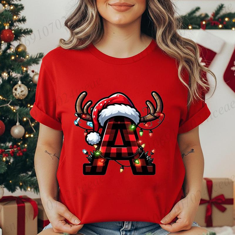 Christmas Alphabet Printed T-Shirt for Women Unisex Fashion Trendy Funny Casual Tops Santa Hat, Reindeer Graphic Tshirt T Shirt