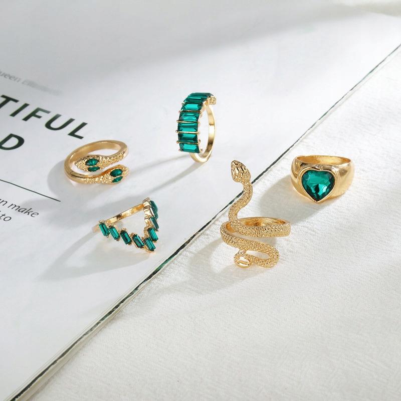 Set Of 5 Golden Rings Retro Punk Vintage Snake Heart Green