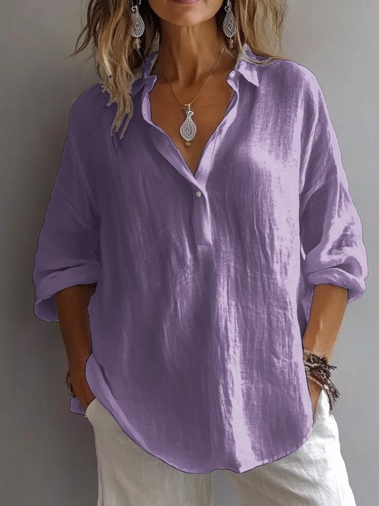 Plus-Size V-Neck Long Sleeve Women's Top - Solid Color, Casual & Versatile (Europe & America, 2025).