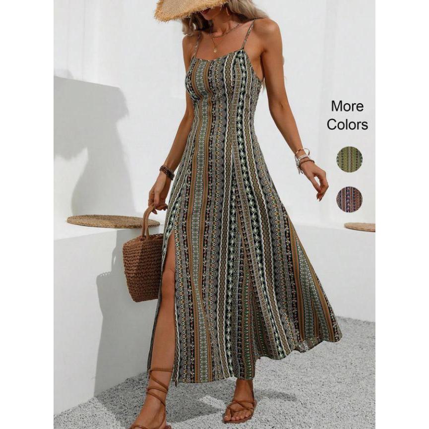 Bohemian Style Long Camisole Slit Design Dress Vacation Slim-Fit Split Cami Dress for Daily Shopping Gatherings & Street Looks