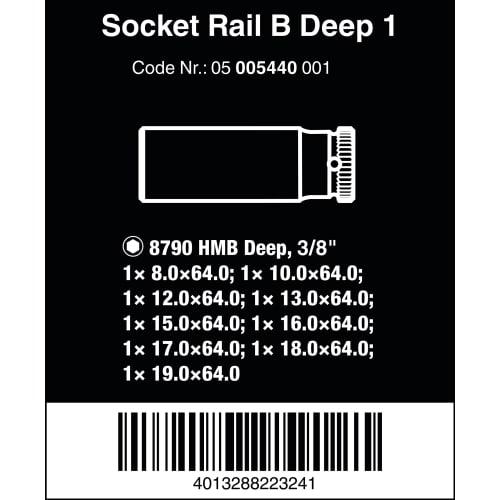 WERA 9-Piece Deep Socket Wrench Set with 3/8" Drive and Storage Rails (Product Code: 005440)