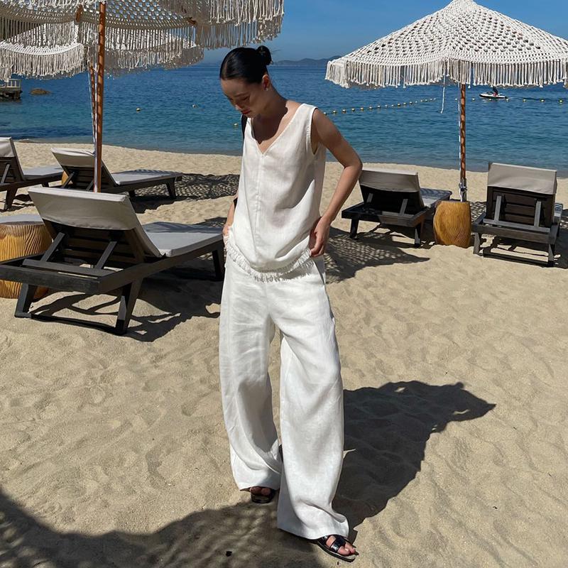 Versatile High-Waisted White Linen Wide-Leg Pants Large