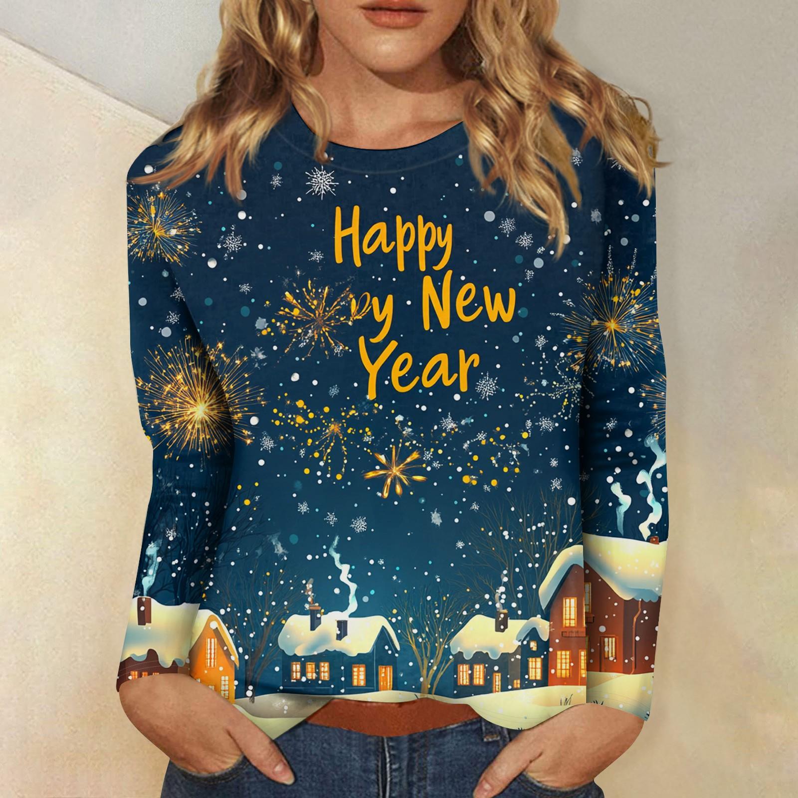 

Женский повседневный модный сексуальный удобный рождественский принт с круглым вырезом и длинными рукавами M тёмно-синий