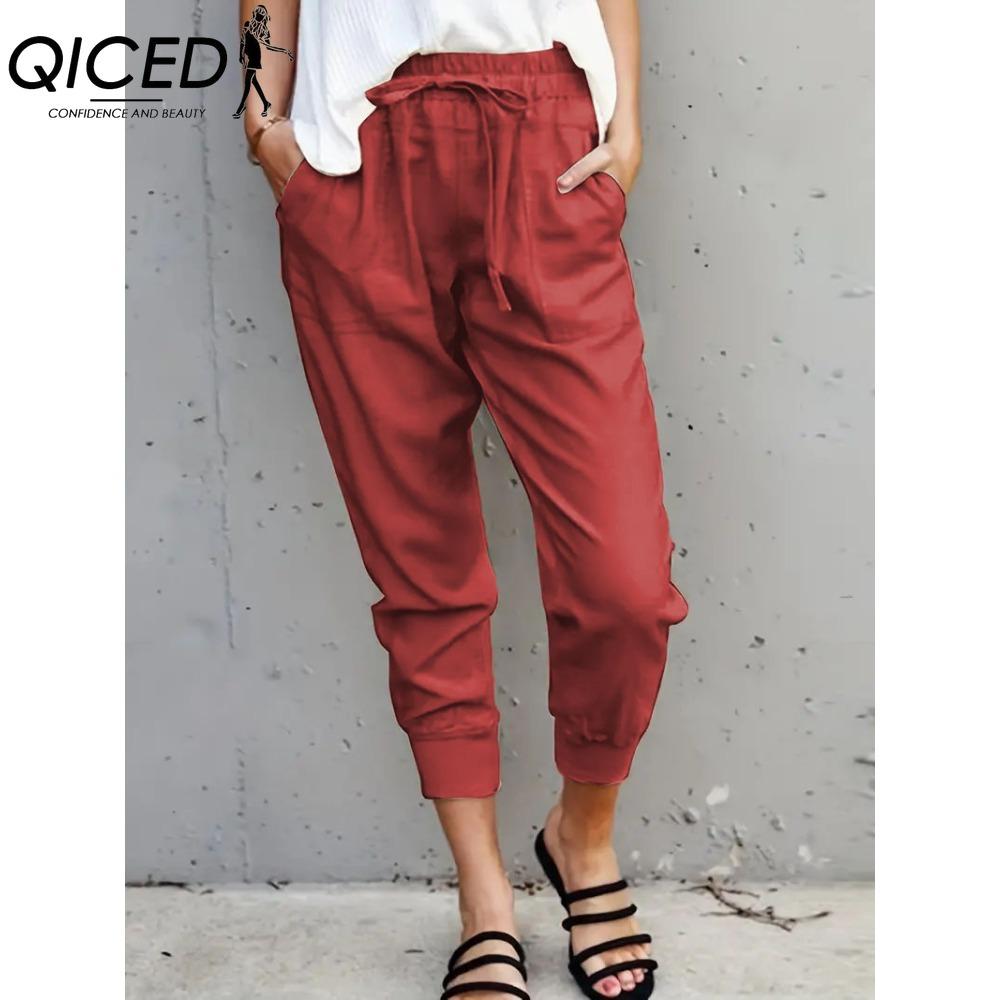 

QICED Летние женские свободные брюки большого размера однотонные простые на шнуровке облегающие повседневные брюки-капри XXXXXL красный
