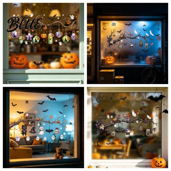 Thickened PVC Halloween Graphics 2 Sheets Window Stickers Bat Spider Web Static Cling Decals Dark Style Haunted House Decor Ghost Pumpkin Waterproof