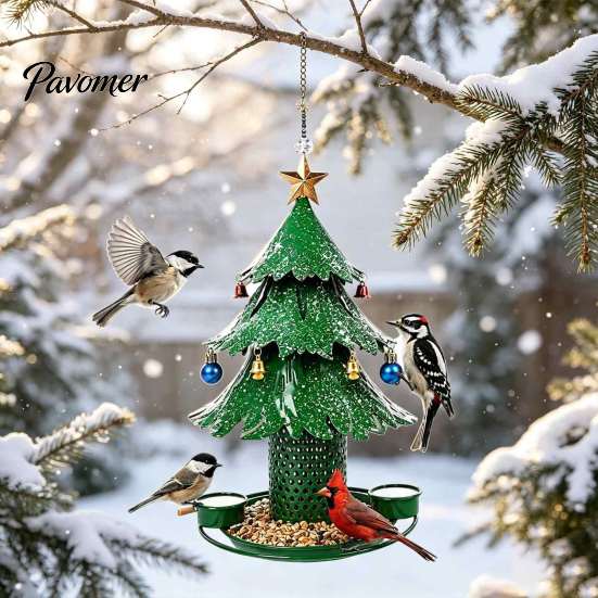 All Weather Rust Proof Bird Feeder Christmas Tree for Outdoor, Metal Hanging Wild with 2 Water Cups, Green Xmas Seeds Tray Garden Patio Outside Decor