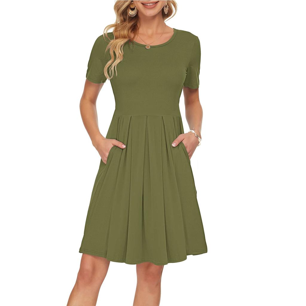 Women's Short Sleeve Dress Pleated Loose Swing Casual Dress With Pockets Knee Length Dresses