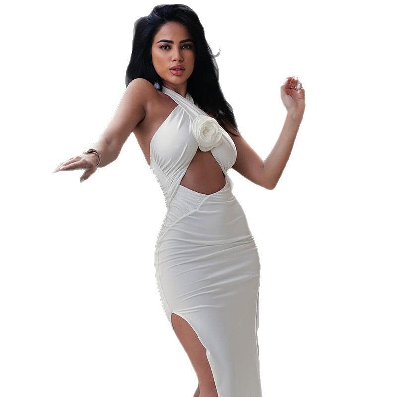 2026 New Sexy Temperament Dress Fashionable Hollow Flower Splicing Backless Neck Strap Hip Skirt