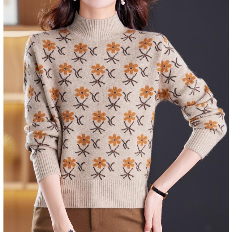 Jacquard Sweater Loose Half Turtleneck Knitted Sweater for Women In Autumn and Winter Fashionable and Casual Pullover