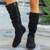Pleated Boots Women's Winter Round Head Large Size Suede Side Zipper Western Boots