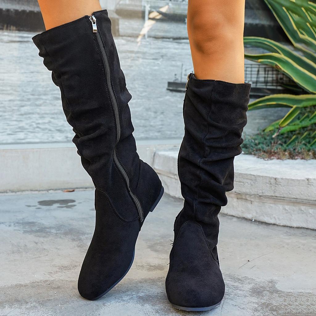 Pleated Boots Women's Winter Round Head Large Size Suede Side Zipper Western Boots