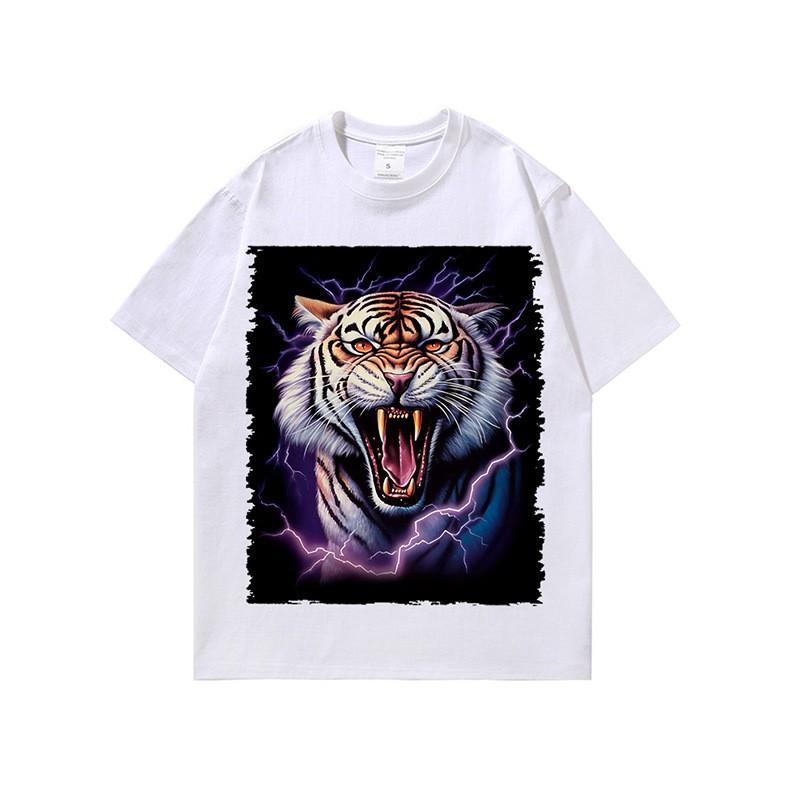 Mens Oversized Retro Tiger Print Long Sleeve Tee Cotton Heavyweight Washed Streetwear Hip Hop T-Shirt