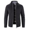 Mens Stand Collar Fleece Lined Solid Loose Knit Zip Up Long Sleeve Sweater Cardigan Coat