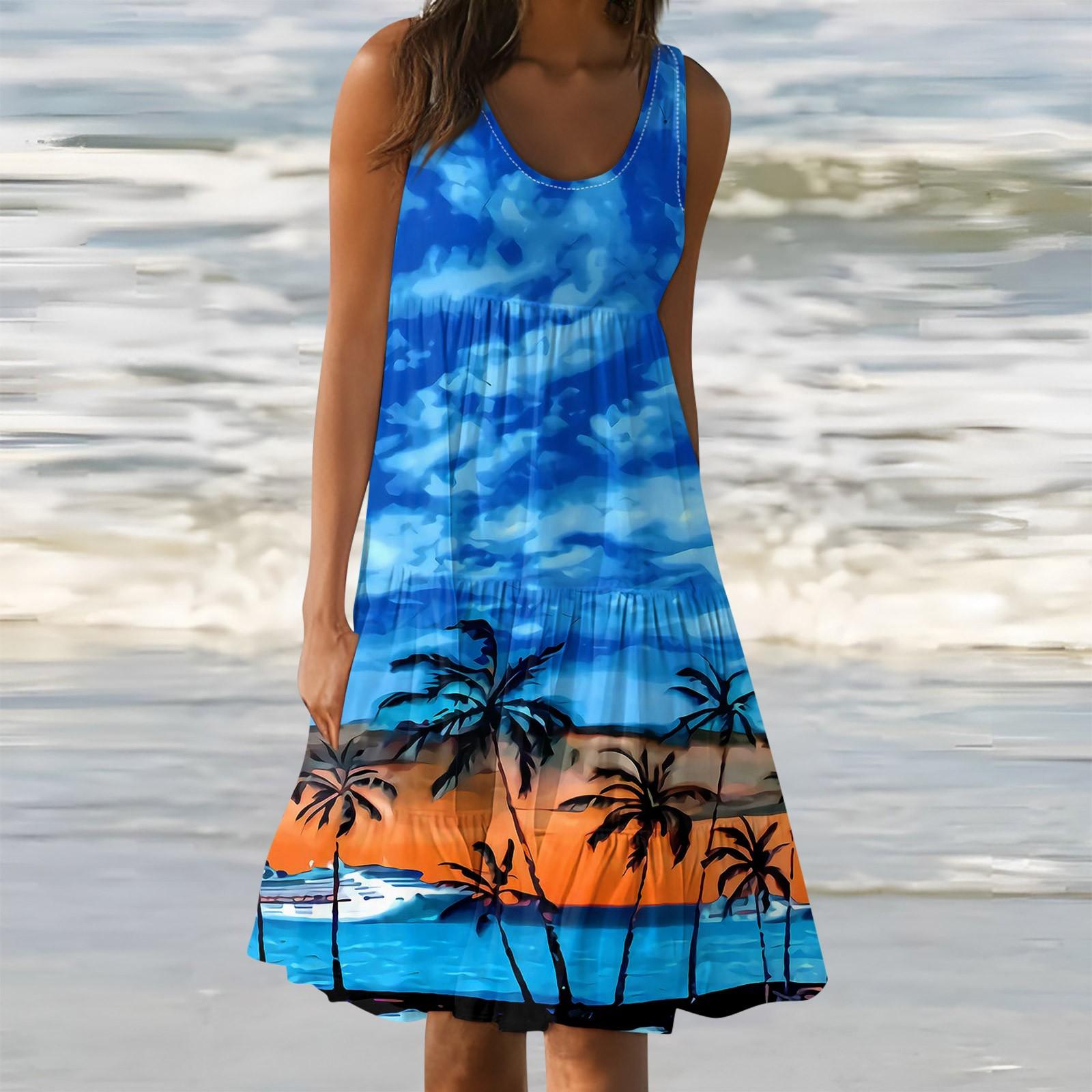 

Гавайское платье для женщин, летние весенние плиссированные богемные платья, милые струящиеся пляжные платья без рукавов, прямая футболка, платья-майки, платья с круглым вырезом XXXL синий