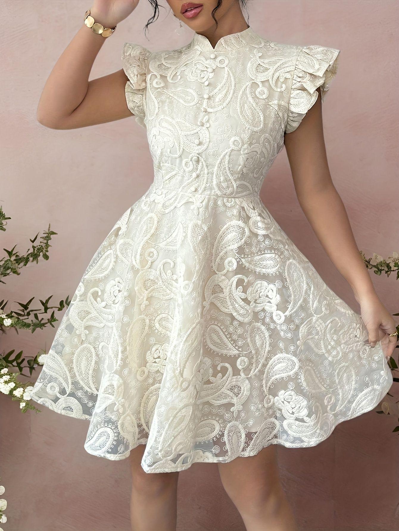 Women s Short Sleeve Lace Embroidered Floral White Dress S слоновая кость