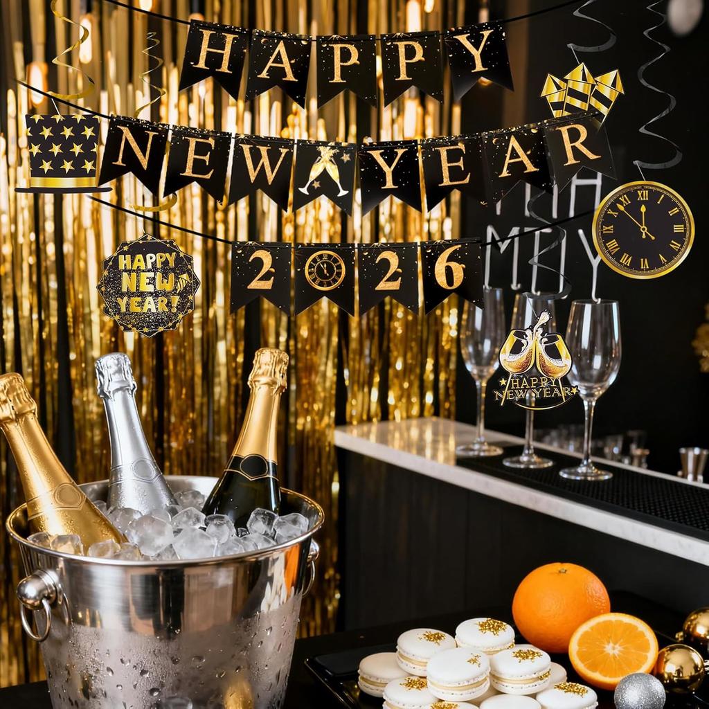 Yookat Black Gold Happy New Year Banner and New Years Hanging Swirls 2026 Happy New Years Eve Party Decorations Supplies