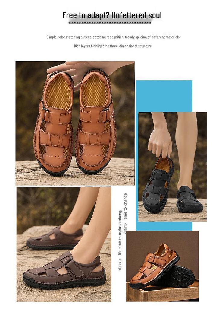 Men's Hand-Stitched Cowhide Leather Sandals with Soft Sole, Large Size Beach Shoes