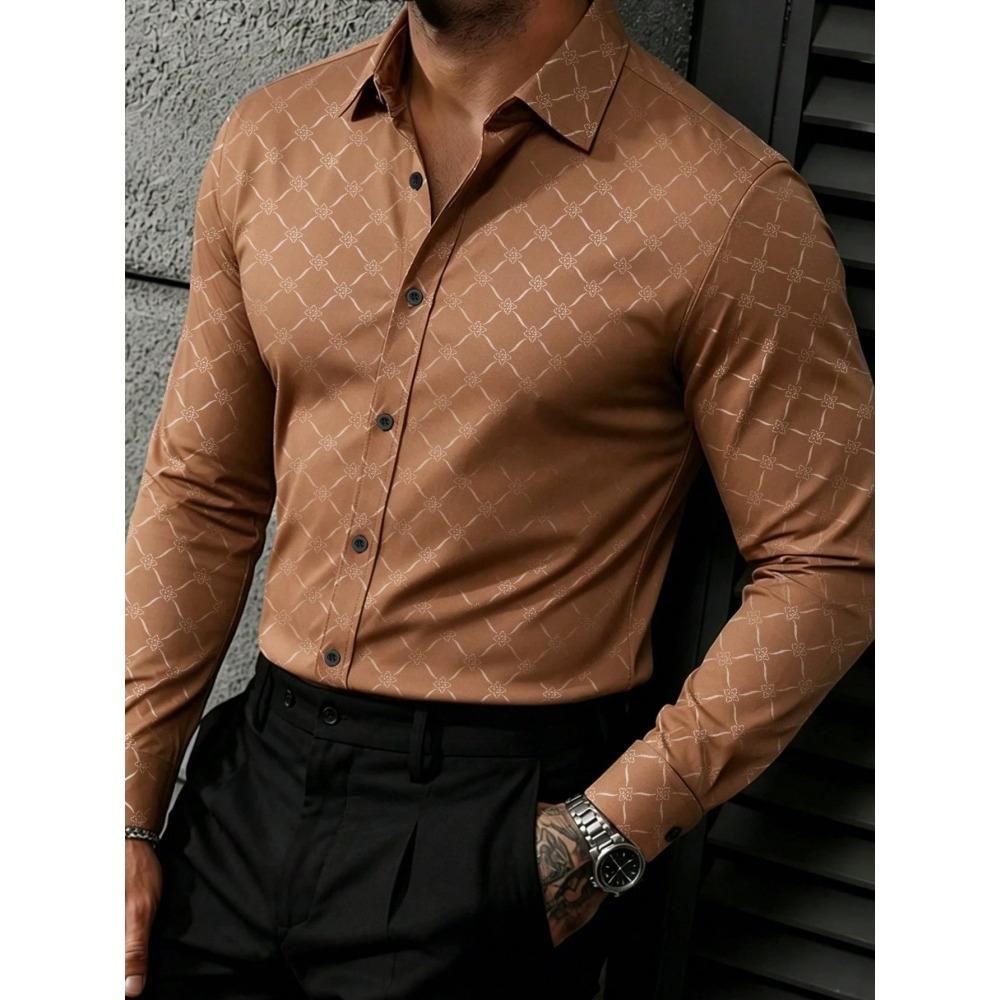 Light Luxury Dark Patterned Diamond Shaped Men's Shirt, Silky Slim Fit Shirt, European and American High-end Dark Printed Shirt