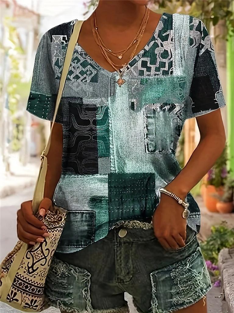 New Colorful Plaid Patchwork 3D Print T-Shirts Women's V-Neck Short Sleeve T Shirt Y2k Harajuku Tees Casual Tops Female Clothing