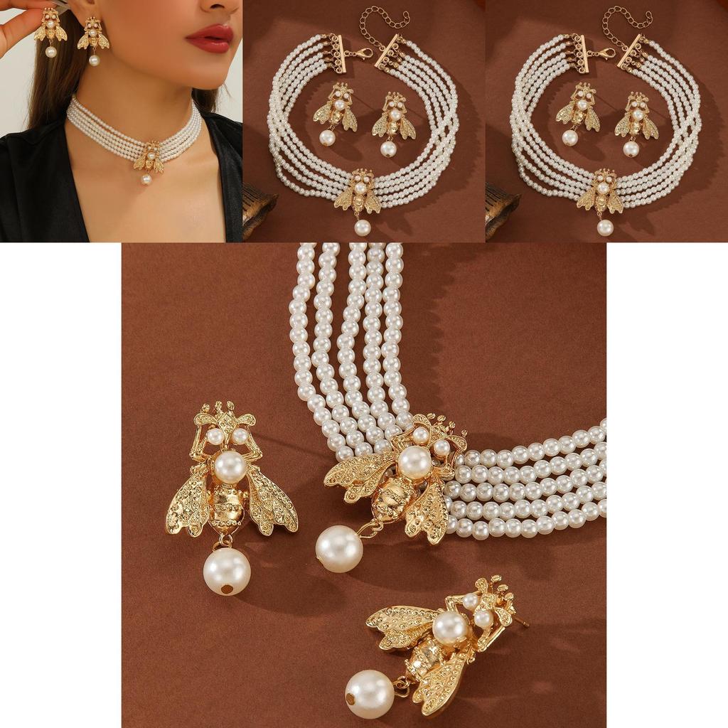 Gold Animal Jewelry Set Featuring Small Bee Pendant And Pearl Earrings For Women