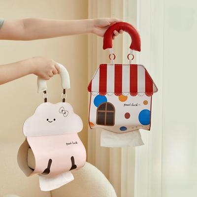 Cute Cartoon Hanging Tissue Bag Waterproof PU Wall Mount Roll Paper Facial Towel Storage Pouch With Soft Handle