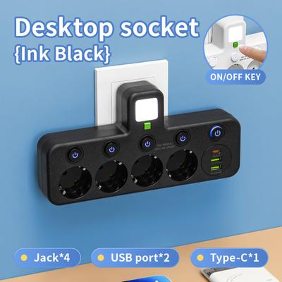 Zásuvka EU Plug Out 4 zásuvky Multitap Wall Power Strip Elektrická zásuvka Bez prodlužovacího kabelu se 2 porty USB 1 Type-C 00W MAX.