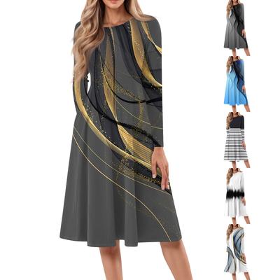 Lässiges, modisches Midikleid mit Rundhalsausschnitt und langen Ärmeln und Aufdruck für Damen