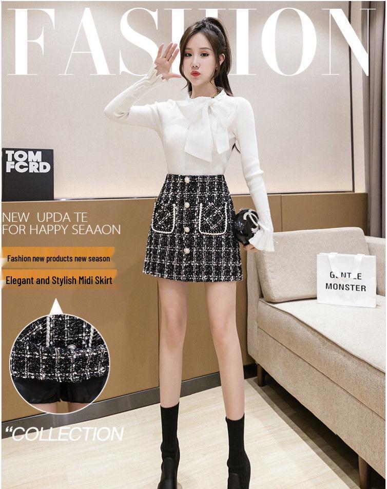 2025 Korejský styl Sukně áčkového střihu z tvídu s vysokým pasem a kostkovaným vzorem pro ženy - Podzimní/zimní krátká zeštíhlující sukně