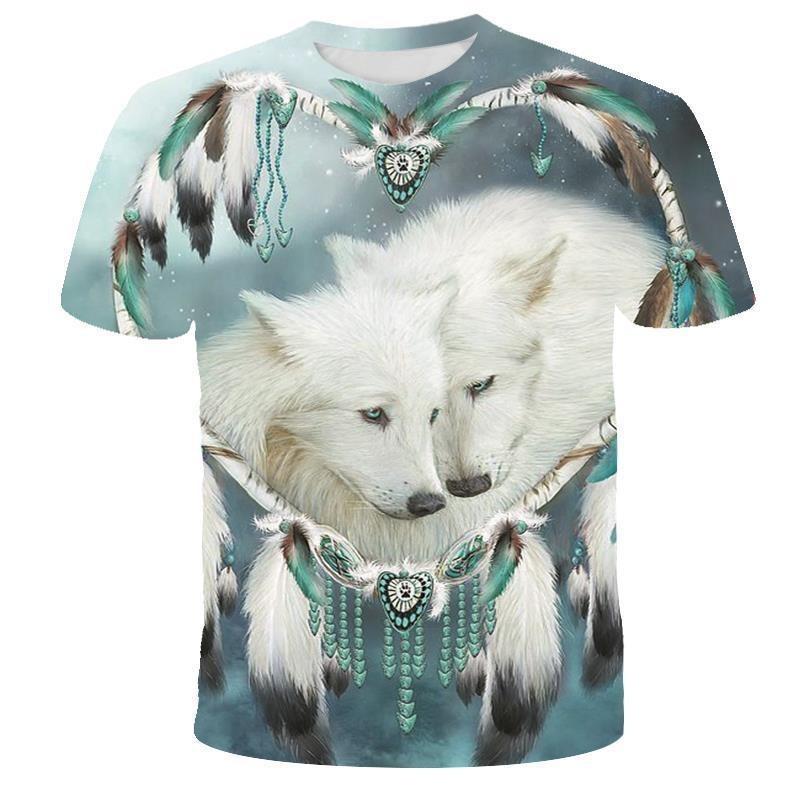 Summer New Wolf Pattern Digital Printed Short Sleeved Men's T-shirt Round Neck Slim Fit Couple Base Shirt