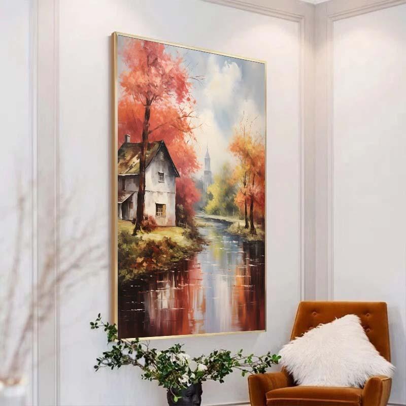 Abstract Oil Painting on Canvas Print Landscape Autumn Forest The River Canvas Posters Wall Art Picture Living Room Decoration
