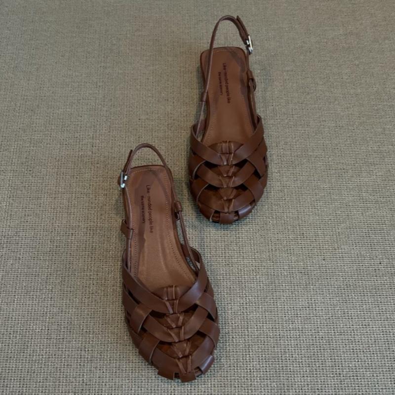 Fashion Retro Woven Hollow Flat Sandals 2025 New Round Toe Back Strap Buckle Designer Shoes Comfort Beach Casual Shoes Ladies Sandalias