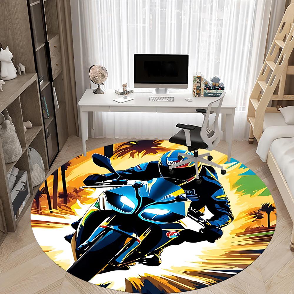 1pc Motorbike Rider Office Round Area Rug, Indoor Mat Suitable ForOffice, Under Office Chairs Bedroom Living Room Home Decor, Room Deco T080